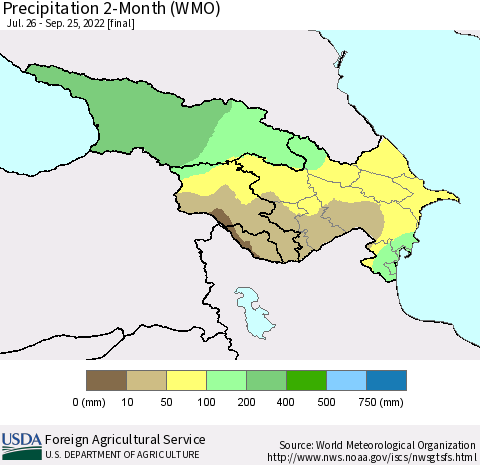 Azerbaijan, Armenia and Georgia Precipitation 2-Month (WMO) Thematic Map For 7/26/2022 - 9/25/2022