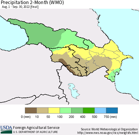 Azerbaijan, Armenia and Georgia Precipitation 2-Month (WMO) Thematic Map For 8/1/2022 - 9/30/2022