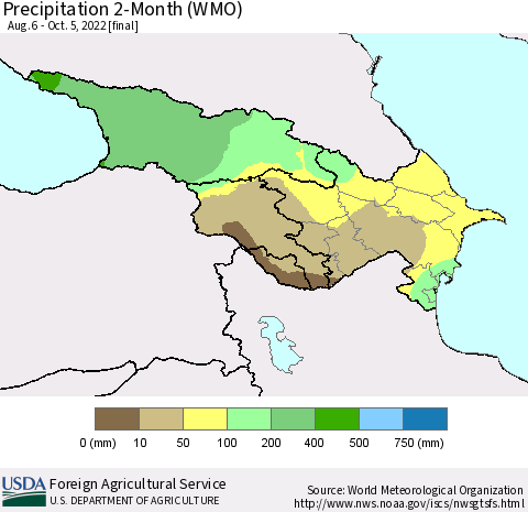 Azerbaijan, Armenia and Georgia Precipitation 2-Month (WMO) Thematic Map For 8/6/2022 - 10/5/2022