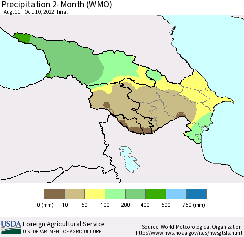 Azerbaijan, Armenia and Georgia Precipitation 2-Month (WMO) Thematic Map For 8/11/2022 - 10/10/2022