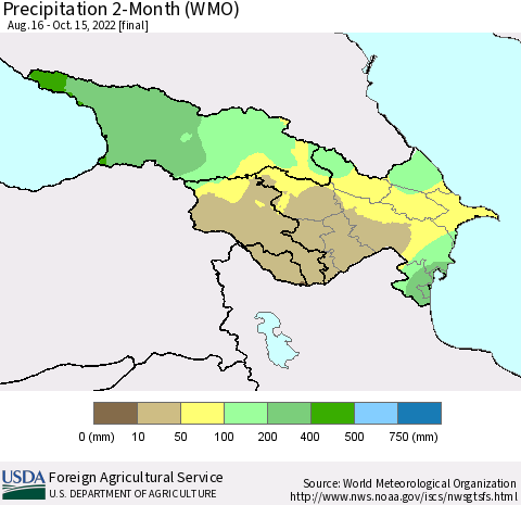 Azerbaijan, Armenia and Georgia Precipitation 2-Month (WMO) Thematic Map For 8/16/2022 - 10/15/2022