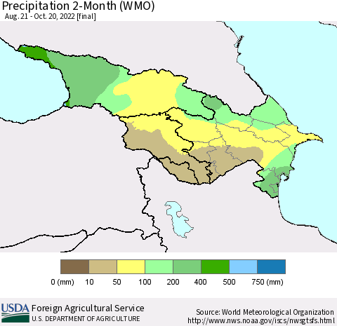 Azerbaijan, Armenia and Georgia Precipitation 2-Month (WMO) Thematic Map For 8/21/2022 - 10/20/2022