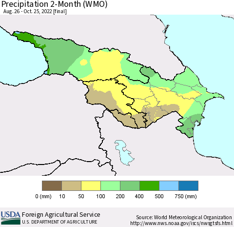 Azerbaijan, Armenia and Georgia Precipitation 2-Month (WMO) Thematic Map For 8/26/2022 - 10/25/2022