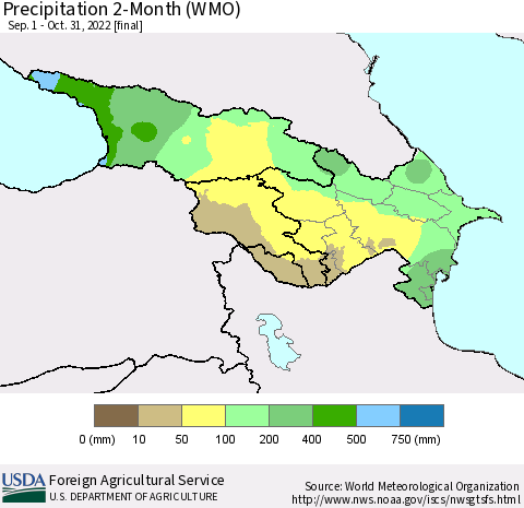 Azerbaijan, Armenia and Georgia Precipitation 2-Month (WMO) Thematic Map For 9/1/2022 - 10/31/2022