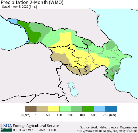 Azerbaijan, Armenia and Georgia Precipitation 2-Month (WMO) Thematic Map For 9/6/2022 - 11/5/2022