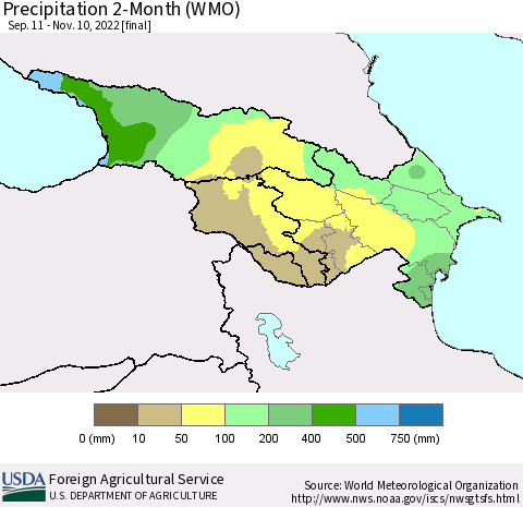 Azerbaijan, Armenia and Georgia Precipitation 2-Month (WMO) Thematic Map For 9/11/2022 - 11/10/2022