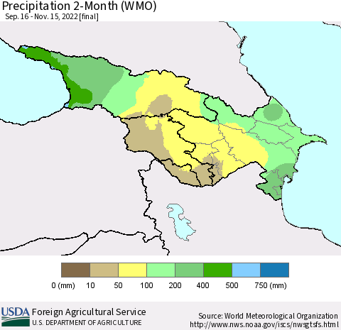 Azerbaijan, Armenia and Georgia Precipitation 2-Month (WMO) Thematic Map For 9/16/2022 - 11/15/2022
