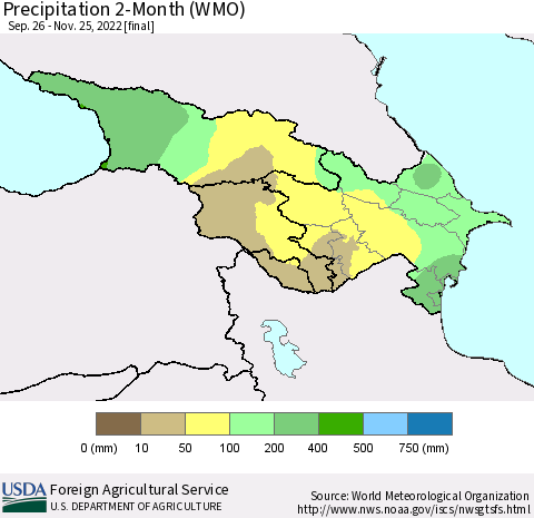 Azerbaijan, Armenia and Georgia Precipitation 2-Month (WMO) Thematic Map For 9/26/2022 - 11/25/2022
