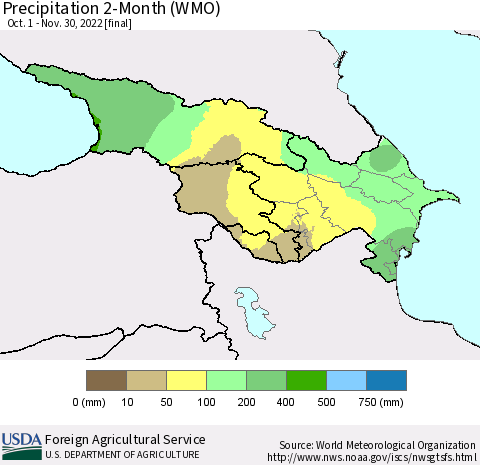 Azerbaijan, Armenia and Georgia Precipitation 2-Month (WMO) Thematic Map For 10/1/2022 - 11/30/2022