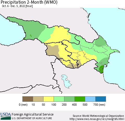 Azerbaijan, Armenia and Georgia Precipitation 2-Month (WMO) Thematic Map For 10/6/2022 - 12/5/2022