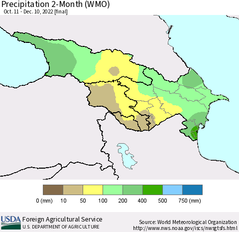 Azerbaijan, Armenia and Georgia Precipitation 2-Month (WMO) Thematic Map For 10/11/2022 - 12/10/2022