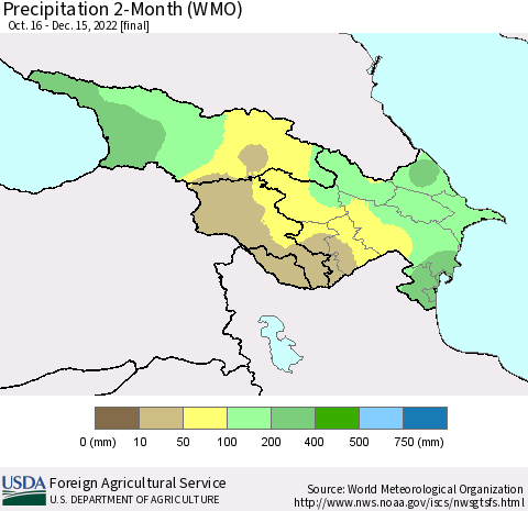 Azerbaijan, Armenia and Georgia Precipitation 2-Month (WMO) Thematic Map For 10/16/2022 - 12/15/2022