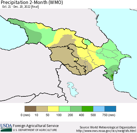Azerbaijan, Armenia and Georgia Precipitation 2-Month (WMO) Thematic Map For 10/21/2022 - 12/20/2022