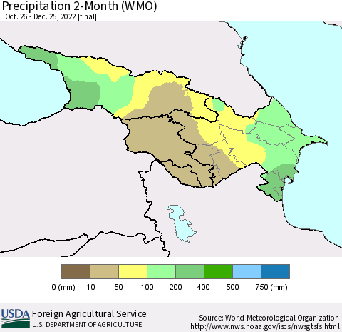 Azerbaijan, Armenia and Georgia Precipitation 2-Month (WMO) Thematic Map For 10/26/2022 - 12/25/2022