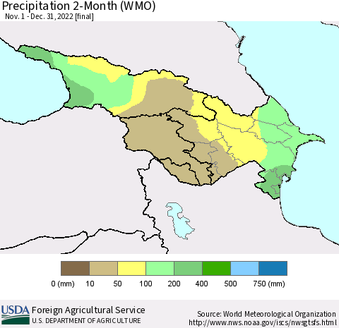 Azerbaijan, Armenia and Georgia Precipitation 2-Month (WMO) Thematic Map For 11/1/2022 - 12/31/2022