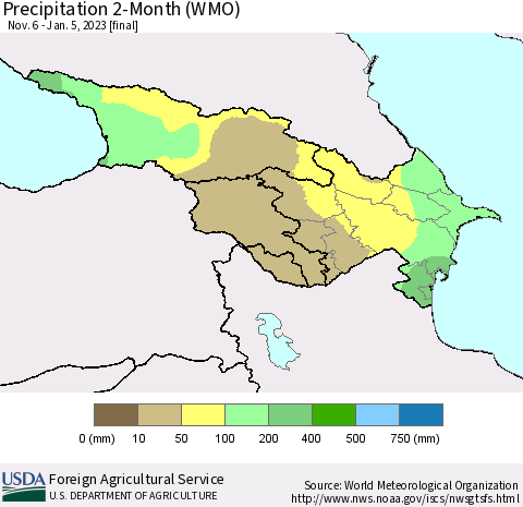Azerbaijan, Armenia and Georgia Precipitation 2-Month (WMO) Thematic Map For 11/6/2022 - 1/5/2023