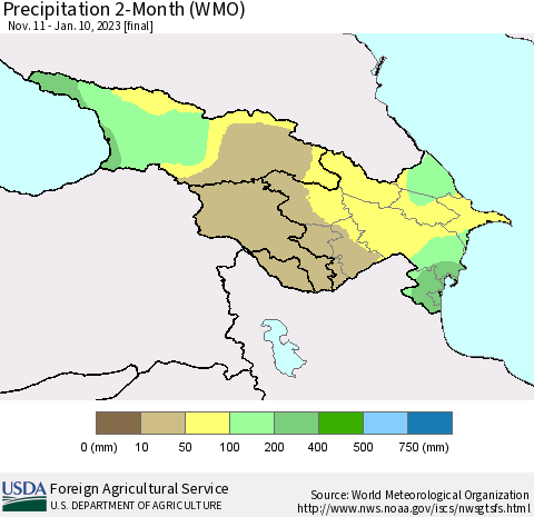 Azerbaijan, Armenia and Georgia Precipitation 2-Month (WMO) Thematic Map For 11/11/2022 - 1/10/2023