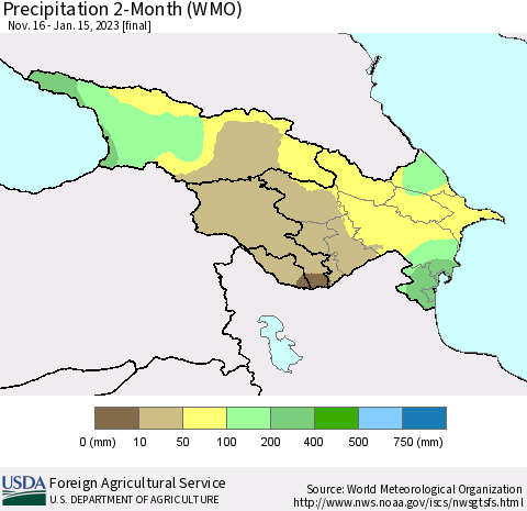 Azerbaijan, Armenia and Georgia Precipitation 2-Month (WMO) Thematic Map For 11/16/2022 - 1/15/2023