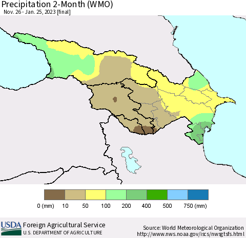 Azerbaijan, Armenia and Georgia Precipitation 2-Month (WMO) Thematic Map For 11/26/2022 - 1/25/2023