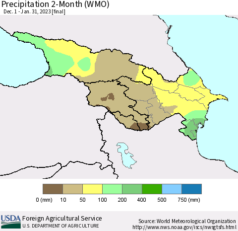 Azerbaijan, Armenia and Georgia Precipitation 2-Month (WMO) Thematic Map For 12/1/2022 - 1/31/2023