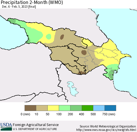 Azerbaijan, Armenia and Georgia Precipitation 2-Month (WMO) Thematic Map For 12/6/2022 - 2/5/2023
