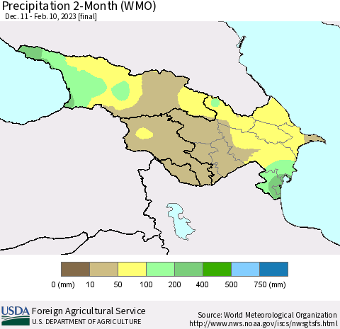 Azerbaijan, Armenia and Georgia Precipitation 2-Month (WMO) Thematic Map For 12/11/2022 - 2/10/2023