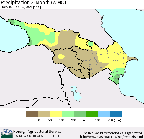 Azerbaijan, Armenia and Georgia Precipitation 2-Month (WMO) Thematic Map For 12/16/2022 - 2/15/2023