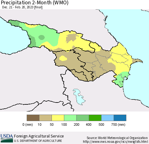 Azerbaijan, Armenia and Georgia Precipitation 2-Month (WMO) Thematic Map For 12/21/2022 - 2/20/2023