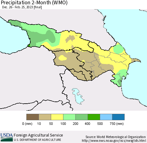 Azerbaijan, Armenia and Georgia Precipitation 2-Month (WMO) Thematic Map For 12/26/2022 - 2/25/2023