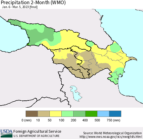 Azerbaijan, Armenia and Georgia Precipitation 2-Month (WMO) Thematic Map For 1/6/2023 - 3/5/2023