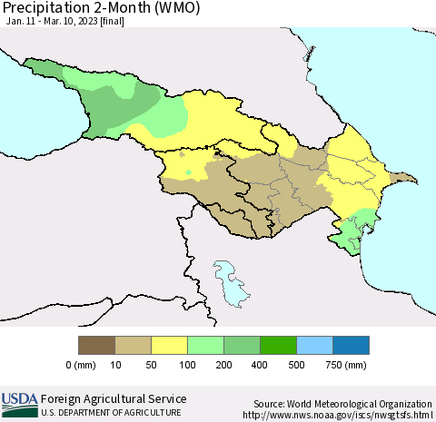 Azerbaijan, Armenia and Georgia Precipitation 2-Month (WMO) Thematic Map For 1/11/2023 - 3/10/2023