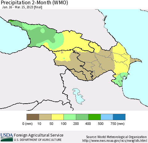 Azerbaijan, Armenia and Georgia Precipitation 2-Month (WMO) Thematic Map For 1/16/2023 - 3/15/2023