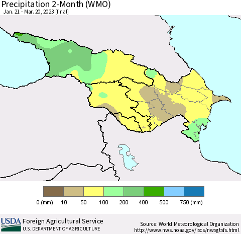 Azerbaijan, Armenia and Georgia Precipitation 2-Month (WMO) Thematic Map For 1/21/2023 - 3/20/2023