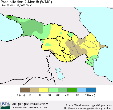 Azerbaijan, Armenia and Georgia Precipitation 2-Month (WMO) Thematic Map For 1/26/2023 - 3/25/2023