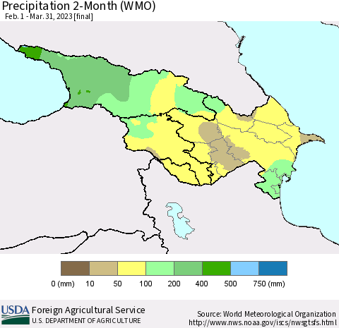 Azerbaijan, Armenia and Georgia Precipitation 2-Month (WMO) Thematic Map For 2/1/2023 - 3/31/2023