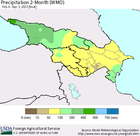 Azerbaijan, Armenia and Georgia Precipitation 2-Month (WMO) Thematic Map For 2/6/2023 - 4/5/2023