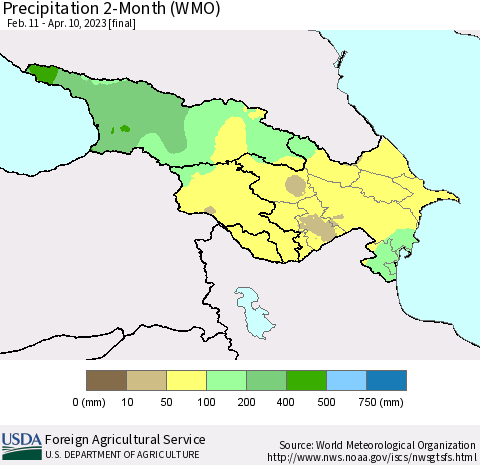 Azerbaijan, Armenia and Georgia Precipitation 2-Month (WMO) Thematic Map For 2/11/2023 - 4/10/2023