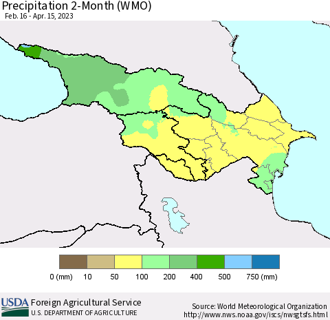 Azerbaijan, Armenia and Georgia Precipitation 2-Month (WMO) Thematic Map For 2/16/2023 - 4/15/2023