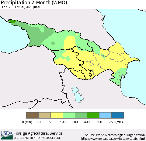 Azerbaijan, Armenia and Georgia Precipitation 2-Month (WMO) Thematic Map For 2/21/2023 - 4/20/2023