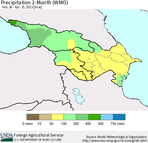 Azerbaijan, Armenia and Georgia Precipitation 2-Month (WMO) Thematic Map For 2/26/2023 - 4/25/2023