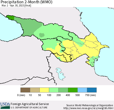 Azerbaijan, Armenia and Georgia Precipitation 2-Month (WMO) Thematic Map For 3/1/2023 - 4/30/2023