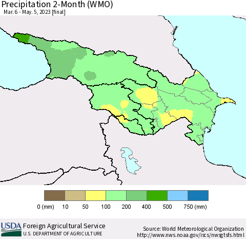 Azerbaijan, Armenia and Georgia Precipitation 2-Month (WMO) Thematic Map For 3/6/2023 - 5/5/2023