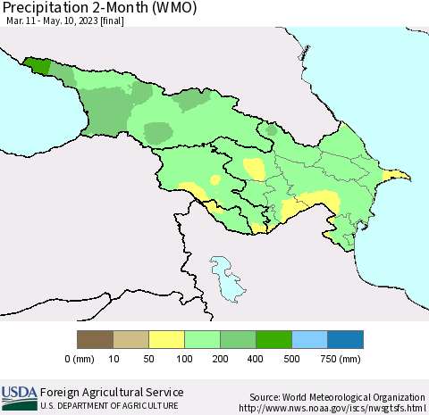 Azerbaijan, Armenia and Georgia Precipitation 2-Month (WMO) Thematic Map For 3/11/2023 - 5/10/2023