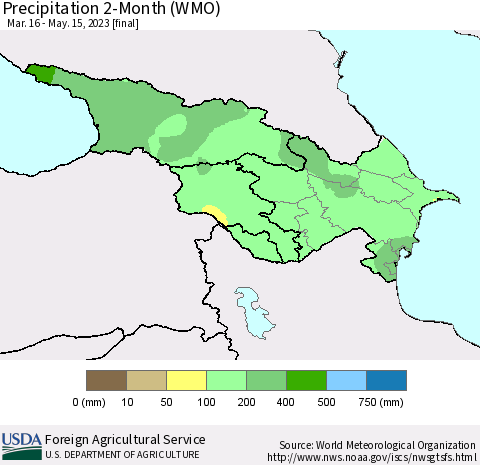 Azerbaijan, Armenia and Georgia Precipitation 2-Month (WMO) Thematic Map For 3/16/2023 - 5/15/2023