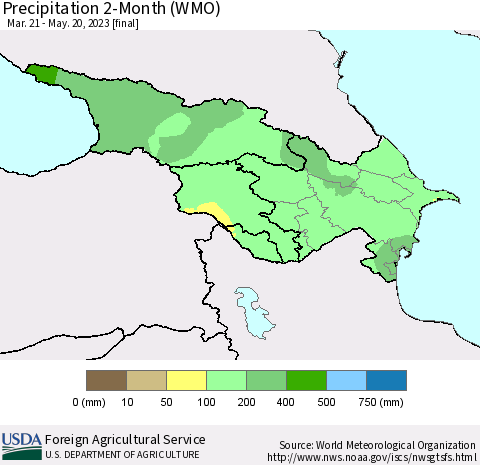 Azerbaijan, Armenia and Georgia Precipitation 2-Month (WMO) Thematic Map For 3/21/2023 - 5/20/2023