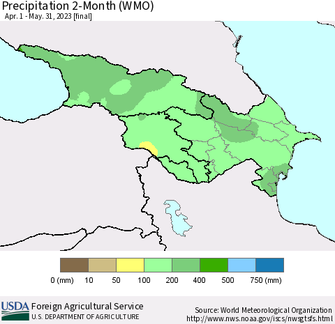 Azerbaijan, Armenia and Georgia Precipitation 2-Month (WMO) Thematic Map For 4/1/2023 - 5/31/2023