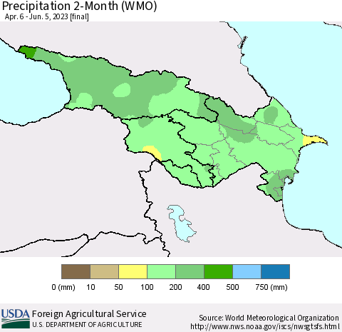 Azerbaijan, Armenia and Georgia Precipitation 2-Month (WMO) Thematic Map For 4/6/2023 - 6/5/2023