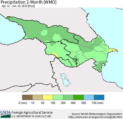 Azerbaijan, Armenia and Georgia Precipitation 2-Month (WMO) Thematic Map For 4/11/2023 - 6/10/2023