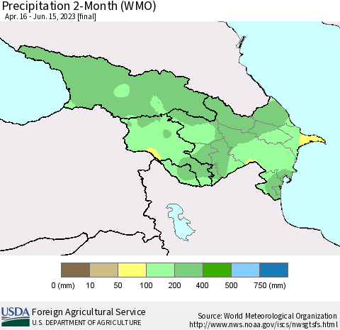 Azerbaijan, Armenia and Georgia Precipitation 2-Month (WMO) Thematic Map For 4/16/2023 - 6/15/2023