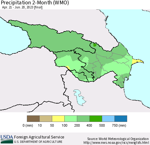 Azerbaijan, Armenia and Georgia Precipitation 2-Month (WMO) Thematic Map For 4/21/2023 - 6/20/2023